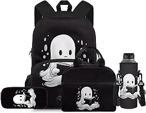 Flashideas Cute Ghost School Backpack Set 4Pcs Kids Backpack for Boys 6-8 with Lunch Box Pencil Case and Water Bottle Case Cover Toddler Bookbag Multifunctional Pencil Case Child Backpacks
