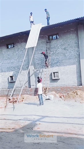 Roofing Sheet Lifting by Skilled Construction Workers: Rope Pulling & Sliding Roof Loading Process