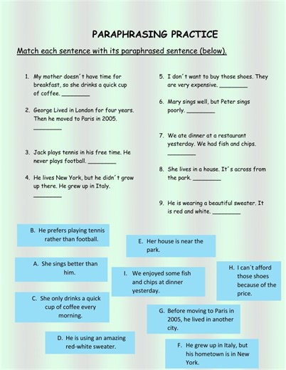 Paraphasing worksheet