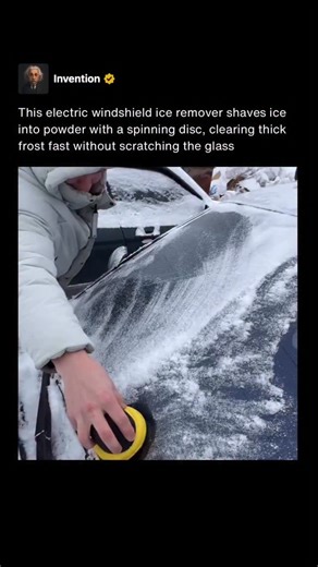 Invention on Instagram: "Electric windshield ice removers use a motorized rotating disc to break up thick ice on automotive glass. Instead of relying on a rigid scraper edge, the spinning disc shaves bonded frost into fine powder, allowing ice to be cleared with less pressure and far less effort. This makes them especially effective against hard glaze ice that traditional scrapers struggle with. A major advantage of this design is how gentle it is on the windshield surface. By using controlled r