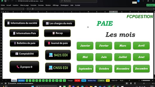 FCP Gestion & outils Excel on Instagram: "🧾 Application de Paie - 9421 et CNSS EDI - 299 Dhs à vie - Conforme à la loi marocaine 💻 Développée sous Excel (VBA) – simple, rapide et 100 % automatique ✨ Fonctionnalités : ✅ Calcul automatique des salaires (jour, heure, cumul annuel) ✅ Bulletins de paie en un clic 🧮 ✅ Export CNSS EDI (Damancom) & 9421 fiscal 📑 ✅ Journal comptable prêt à l’emploi 📂 💰 Prix unique : 299 Dhs à vie 📲 WhatsApp : 0750-419284 Pour voir la démonstration complète, les dé