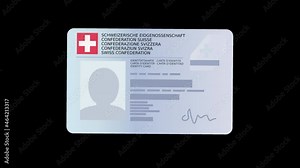 A hand present an identity card of the Swiss Confederation with alpha channel (Swiss Confederation are written in the 5 official languages: French, German, Italian, English, Romansh) (Flat design)
