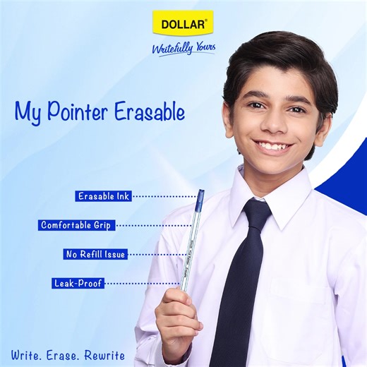 The Dollar My Pointer Erasable Pen has 4 invincible features: easily erasable, a comfortable grip, no refills needed, and leak-proof! For a flawless writing experience, get yourself Dollar My Pointer Erasable today! #Dollar #DollarStationery #DollarMyPointerErasable #MaxSmoothness #HassleFree #Exprerience #LeakProof #NoRefill #Write #Erase #Rewrite | Dollar Stationery