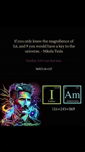 @for_biddenknowledg on Instagram: "I = Iodine is 126 AM = Americium is 243 126+243 = 369 Exodus 3:14 "and God said to Moses I am That IAM." Dividing 369 by the mathematical constant π (3.14) unveils the number 117, adding another layer of connection to this intriguing numerical journey as 117 is the total of the FIBONACCI sequence digital root if you extend it 24 places. 117 = 1+1+7 = 9! I AM = 3 letters Iodine = 6 letters Americium = 9 letters "If you only knew the Magnificence of 3,6 and 9 you