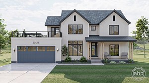 1.5 Story 4-Bedroom Modern Farmhouse Style House Plan with Party Deck Above the Garage   | Cartwright