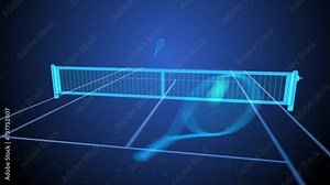 High tech holographic 3D animation of tennis game. Futuristic rackets hit tennis ball back and forth across hologram tennis court. Sci-fi HUD view with seamless loop of virtual reality sport game
