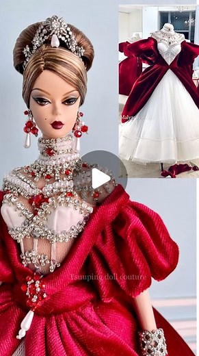 Tsuuping Doll on Instagram: "Russian Royal Crown Completely inspired by @malyarovaolga haute couture, Barbie wearing a royal maroon velvet ballgown featuring corset bodice and rich beadwork of faux pearls, rhinestones and crystals, with white tulle skirt and puffy sleeve..the beading is inspired by Russian Royal Crown 👑. Barbie surely is the most stunning lady in the ball her attending. ❤️ #barbie #barbiesilkstone #silkstone #silkstonebarbie #barbiejenesaisquoi #BFMC #barbiefashionmodelcollecti