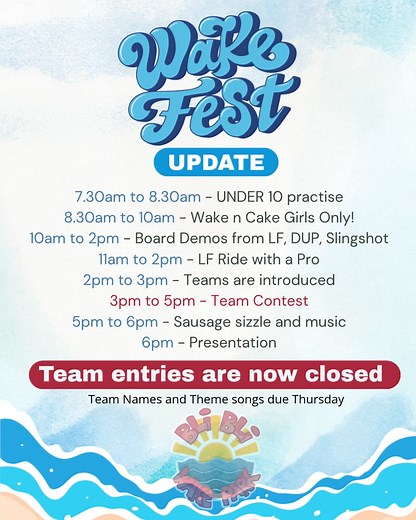 Stoked to announce we have 9 teams registered for Wakefest. We are full. That’s the maximum we can take and the best ever response from you, the riders. This event only ever succeeds if the riders are stoked to do it, and get behind it, so looking forward to seeing all the costumes and team themes. On that note a few updates 1. Team names and Team theme songs due 5pm Thursday Nov 13. We need these to prepare for the Team Intros! 2. There will be a special Under 10 slow speed practise session on 