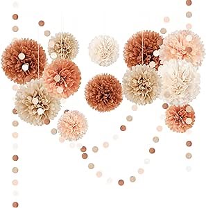 AOBKIAT Boho Fall Wedding Baby Shower Decorations,15PCS Brown Peach Tissue Paper Pom Poms,Circle Dots Colorful Paper Garland String Hanging Backdrop for Birthday Party,Retro Bridal Shower Engagement