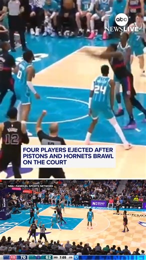 Basket-brawl: Four players were ejected after an on-court fight broke out between the Detroit Pistons and Charlotte Hornets during Monday night’s NBA match-up. | ABC News Live