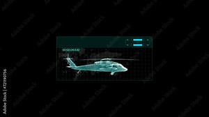 3D Holographic Attack Helicopter Looping Animation: Futuristic Sci-Fi Military Helicopter Wireframe in HUD. 4K Animation