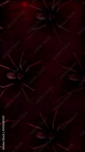 A birds eye view of realistic spiders crawling across screen in a looping sequence with a graphic stylised treatment and old film effects and details.