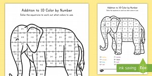 Addition to 10: Elephant Color By Number Math Worksheet