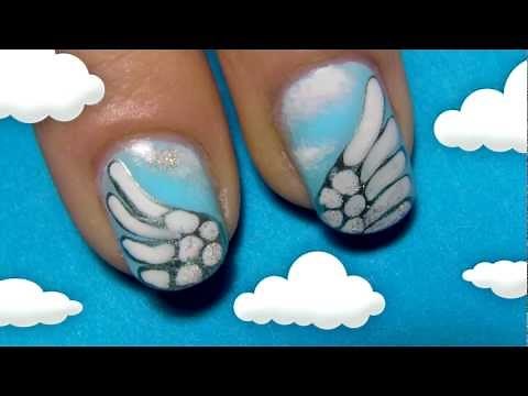 tutorial: how to do angel wings in blue sky with clouds nailart