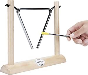 Musical Steel Triangle Percussion Instrument with Striker and Wooden Stand for Kids, Teachers' Classroom Reminder Bell