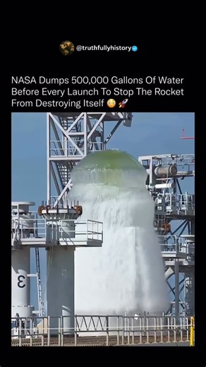 Truthfully History on Instagram: "When a rocket lifts off, it doesn’t just fight gravity — it fights sound. Rocket engines generate extreme acoustic energy, producing vibrations powerful enough to damage the launch pad or even the vehicle itself. To prevent this, NASA uses a Sound Suppression Water System that releases hundreds of thousands of gallons of water in seconds just before ignition. The rushing water absorbs and scatters the shockwaves created by the engines, preventing them from refle