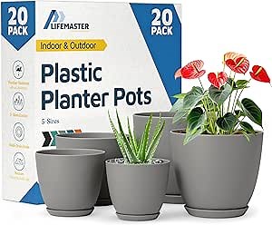 Planter Pots with Drainage Holes - Lightweight, Durable & Space-Saving Pots for Indoor and Outdoor - Versatile Functionality, Simple Modern Design, Set of 20 Plastic Planter Pots - Gray