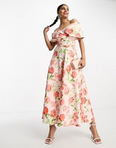 True Violet folded midi prom dress in peach floral print | ASOS