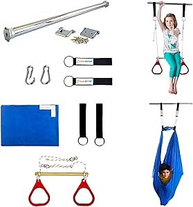 DreamGYM Doorway Sensory Swing Kit - Blue Compression Swing and Trapeze Bar with Red Gym Rings Combo