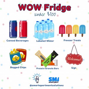 ⭐Create a Stellar Wow Fridge in 6 Easy Steps - All Under $100!⭐ Impressing prospective tenants during apartment tours doesn't have to break the bank. Here are six items to create a stellar wow fridge for under $100: 1️⃣ Canned Beverages (approximately $20): Stock a variety of sodas, sparkling waters, and energy drinks to cater to different tastes and preferences. 2️⃣ Bottled Water (approximately $10): Keep plenty of bottled water on hand to stay hydrated during tours and provide a refreshing opt