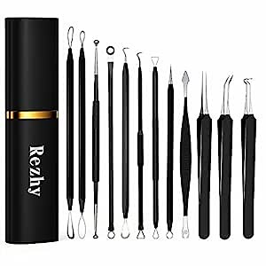 Pimple Popper Tool Kit, Rezhy 12 Pcs Blackhead Remover Comedone Extractor, Pimple Extractors Blackhead Extractor Kit for Acne Blemish Removal with Metal Case (Black)