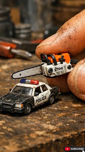 Mini Chainsaw vs Police Car – Satisfying Macro Cut!