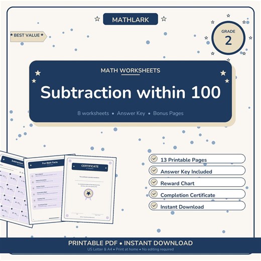 Easy Subtraction Within 100 Worksheets | Grade 2 Math Printable PDF for Kids - Etsy