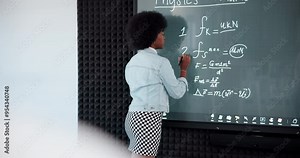 Teacher, black woman and writing on board for math or physics lecture in university. Classroom, learning and equation in college for lesson, problem solving or solution for studying science formula