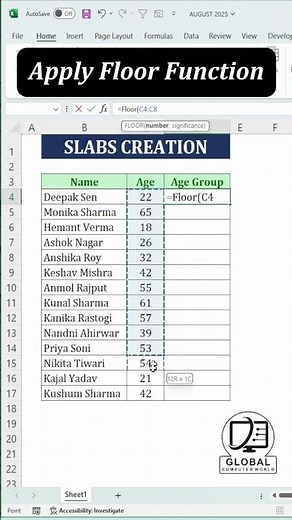 Auto Age Grouping in Excel with FLOOR Function ⏳📊#excel #exceltips #ytshorts ‪@GlobalComputerWorld‬