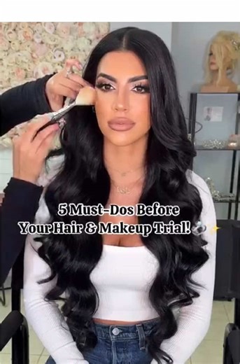 Preparation is key! Save these 5 tips before your bridal beauty trial. 💋💇‍♀️” 1️⃣Have a Clean Face and Hair – Arrive with freshly cleansed skin and clean, dry hair for the best results. 2️⃣Bring Inspiration Photos – Gather a few pictures of hairstyles and makeup looks you love. 3️⃣Wear White or Your Wedding Color – Helps you visualize how the look will pair with your dress. 4️⃣Share Details About Your Dress – Let us know about the neckline, style, and vibe to ensure your hair and makeup comple