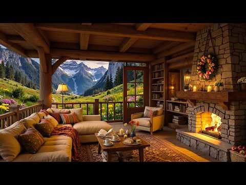 Cozy Spring Porch Ambience 🌸 Smooth Piano Jazz & Crackling Fireplace to Stress Relief