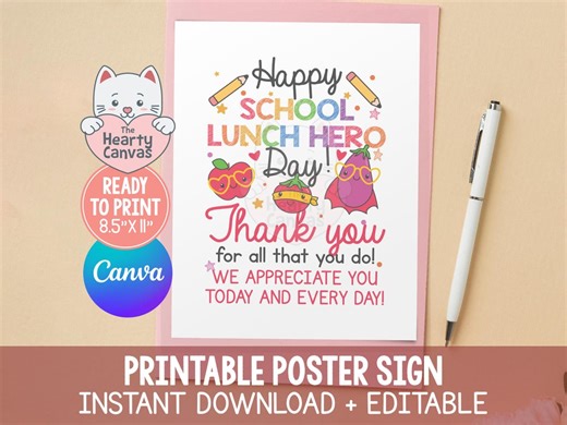 School Lunch Hero Day Sign Printable, Thank You Lunch Lady Appreciation Décor, Cafeteria Lunchroom Poster - Etsy