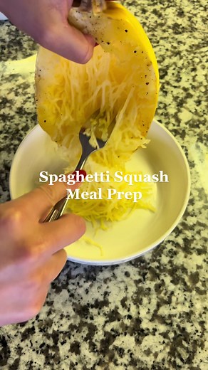 How to cook spaghetti squash: Preheat oven to 375. After cutting the squash lengthwise & scooping the seeds out, fork the outside of it maybe 5-6 times, brush the inside with olive oil and season with salt and pepper. On a sheet pan with parchment paper, place the squash cut side down. Bake for 35-40 min. Let it cool for 10min before forking the insides. #spaghettisquash #lowcarbrecipes #mealprep