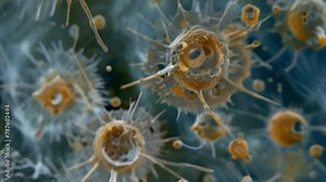 In this microscopic image a group of ciliates battle it out with their impressive defense mechanisms on full display. Some are using . AI generation.