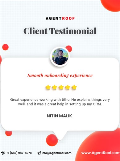 Thank you, Nitin, for the trust and continued partnership with AgentRoof. 🙏🤝 We’ve had the pleasure of working with you since 2021, and from the first conversation to ongoing support, our focus has always been on being present and reliable. 📆💬✅ Jithu and Cynthia’s support reflects the standard we hold ourselves to. We’re grateful to have delivered a consistently positive experience over the past four years. 🌟🏡💼 Looking for a team that truly supports your real estate business long term? Re