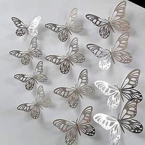 Butterfly Wall Stickers, 12PCS 3D Butterfly Wall Art Decals DIY Home Decoration for Birthdays Party Wedding Decor (Silver)