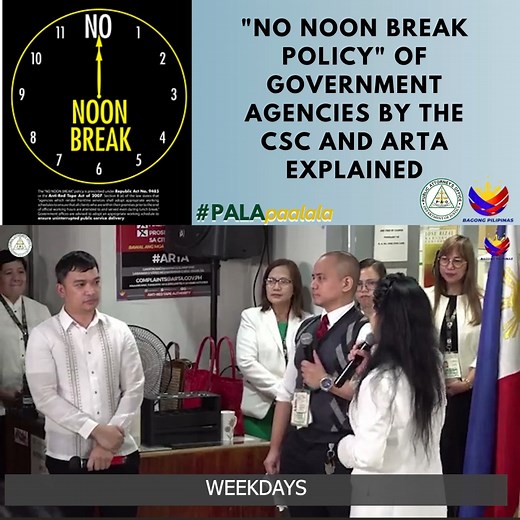 "NO NOON BREAK POLICY" OF GOVERNMENT AGENCIES BY THE CSC AND ARTA EXPLAINED #PublicAttorneysOffice #PAOChiefPersidaAcosta #BagongPilipinas #LibrengSerbisyongLegalPAO #PALA #PersidaAcosta #PersidaAcostasLegalAdviceFBLiveProgram | Persida V. Rueda-Acosta
