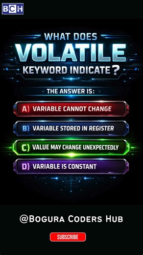 99% Programmers Get This Wrong! | volatile Keyword Explained | What Does volatile Really Mean in C? Do you really understand the volatile keyword in C? 🤔 Most beginners (and even experienced programmers) get this wrong! In this quick C programming quiz, test your knowledge and learn what volatile actually indicates. 💡 Perfect for: C Programming learners Interview preparation Embedded systems beginners Coding quiz lovers Watch till the end and comment your answer! 👇 Did you get it right? #bogu