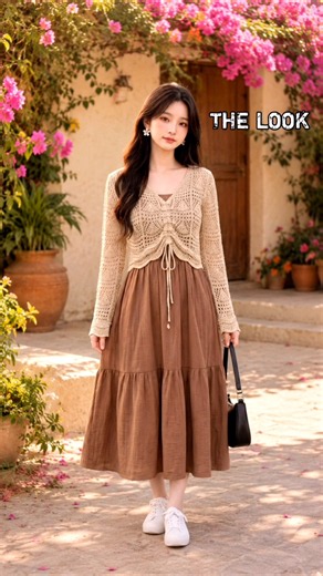 Beige Crochet Shrug with Brown Midi Dress | Elegant Cottagecore Outfit 🌸