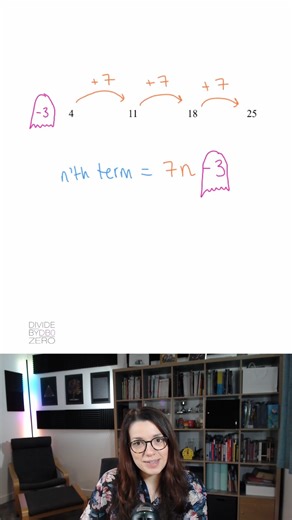 DIVIDE BY ZERO on Instagram: "Finding the n'th term (GCSE Foundation & Higher) in 1-Minute OR LESS! You'll see an example of how to find the n'th term of a linear sequence using a simple trick. Save this for revision + watch full Linear Sequences - n'th term video on my YouTube channel (LINK IN BIO). 💡 New content every week - follow/ subscribe to stay updated! Q: How do I find the n'th term? A: Find the difference between the numbers and put that in front of the n, then find the ghost term and