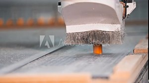 Operation of a timber milling machine in the context of furniture production. Close up. Slow motion