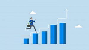 improvement to success, 4k animation entrepreneur ascends success chart and graph with steps to achievement.