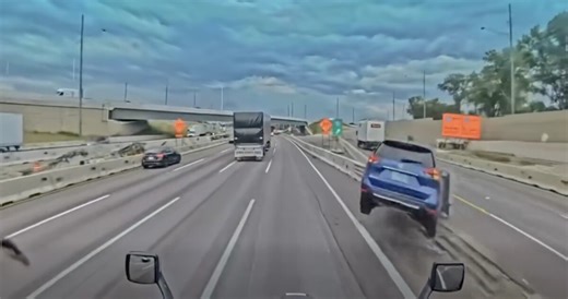 VIDEO: Car driver desperate to make exit gets boomeranged back into dash cammer's semi truck