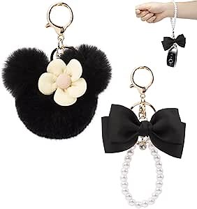 Keychain Cute, Key Chain Women, Pom Pom Keychain, Pearl Key Chains Bow Backpack Bag Purse Charm, Key Wristlet (Black Keychain)
