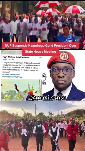 𝗡𝗨𝗣 𝗦𝘂𝘀𝗽𝗲𝗻𝗱𝘀 𝗞𝘆𝗮𝗺𝗯𝗼𝗴𝗼 𝗚𝘂𝗶𝗹𝗱 𝗣𝗿𝗲𝘀𝗶𝗱𝗲𝗻𝘁 𝗢𝘃𝗲𝗿 𝗦𝘁𝗮𝘁𝗲 𝗛𝗼𝘂𝘀𝗲 𝗠𝗲𝗲𝘁𝗶𝗻𝗴 The National Unity Platform (NUP) has suspended Kyambogo University Guild President Andama Emmanuel for six weeks after he attended a closed-door meeting organised by the State House Investors Protection Unit under the Office of the President. In a statement issued on January 9, 2026, NUP said Andama who was elected on the party ticket violated party values by engaging with State 