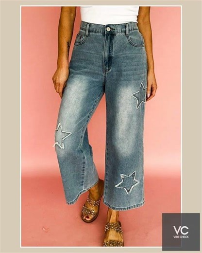 Star Embroidered High Waist Wide Leg Jeans