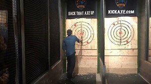 Jack Falahee- @jackfalahee Getting away with murder and getting away with some sick one handed throws! #kickaxethrowing #axethrowing #axethrowingnyc #axethrowingbrooklyn #kickaxebrooklyn #kickaxe #nyclife #nyc #newyorkcity #brooklyn #kickinaxeandtakingnames | Kick Axe Throwing - Brooklyn