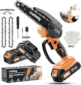 Mini Chainsaw Cordless, 6 Inch Portable Electric Chainsaw with Auto Oiler, Small Battery Powered Chain Saw Hand Saw for Wood Cutting, Tree Trimming (with 2 Batteries 2 Chains)