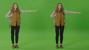 2-in-1 Split Green Screen Montage. Green Screen. Chroma Key. Woman Tourist With Big Travel Backpack, Commuter Calling Taxi With Arm Raised. Woman Signaling Driver to Stop.