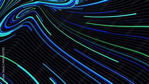 3D animation of bright, colorful lines moving smoothly along curved paths, creating a dynamic and energetic visual.